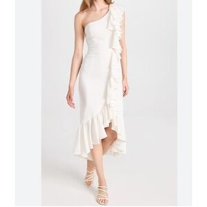 Cinq à Sept One Shoulder Ruffle  Dress Drapey V Neck Ivory Size 6 NWT